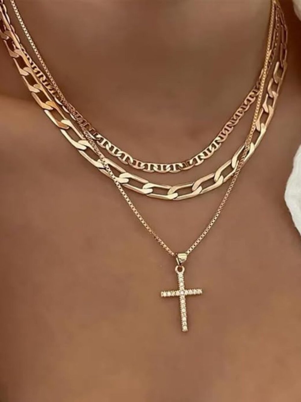 Dainty Cross Layered Necklace Set | Gold Paperclip & Mariner Chain